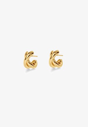 Pair of polished gold twisted hoop stud earrings with post back on white background.