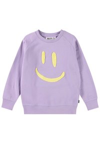 Felpa viola con un motivo di faccina sorridente gialla testurizzata, scollo rotondo e polsini e orlo a coste per una vestibilità casual.