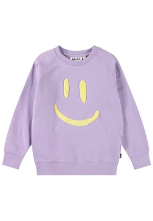 Sweatshirt violet avec un motif de visage souriant texturé en jaune, col rond et poignets et ourlet côtelés pour une coupe décontractée.
