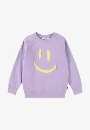 Sudadera púrpura con un motivo de cara sonriente amarilla texturizada, cuello redondo y puños y dobladillo de canalé para un ajuste casual.