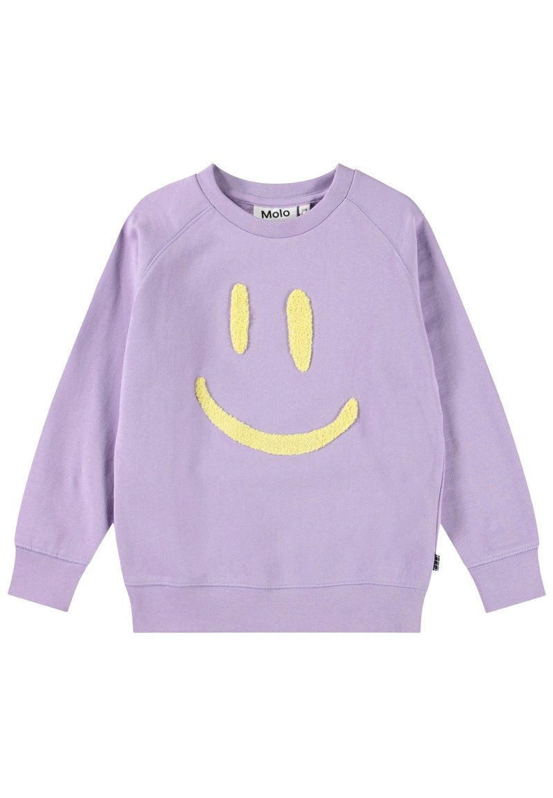 Felpa viola con un motivo di faccina sorridente gialla testurizzata, scollo rotondo e polsini e orlo a coste per una vestibilità casual.