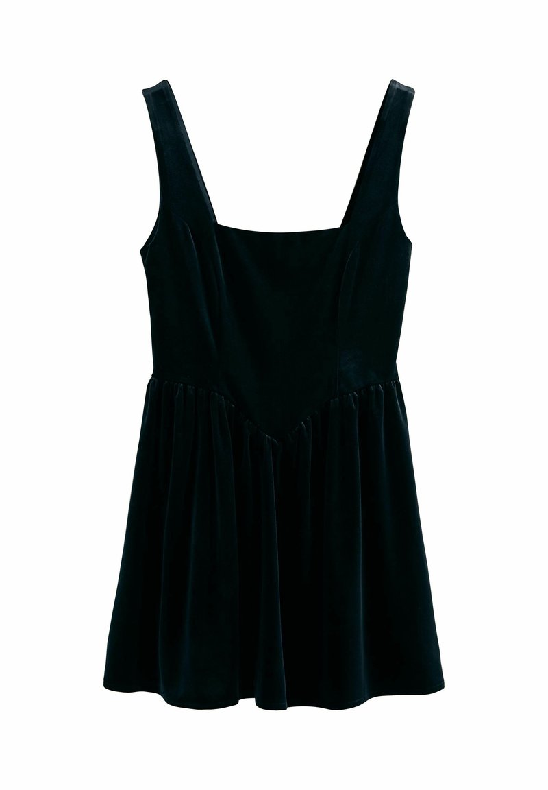 Schwarzes Samtkleid mit breiten Trägern, figurbetontem Oberteil und schwingendem, plissiertem Rock. Glatte Textur, elegante Silhouette und einfarbig.