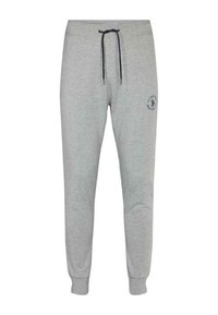 Grå bomullsjoggare med elastisk midja, justerbar marinblå dragsko och broderad logodetalj på vänster ben. Muddar vid vristen.