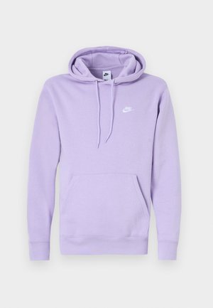 Purple pullover hoodie made of soft fabric, featuring a front pocket, drawstring hood, and a white Nike logo on the chest.