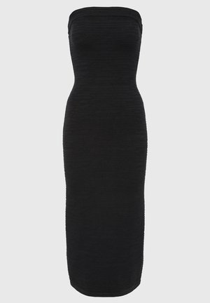 Zwarte strapless midi-jurk met een getailleerd silhouet, textuurstof met horizontale ribbels en een rechte zoom.