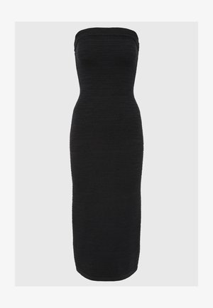 Svart ermeløs midikjole med en tettsittende silhuett, strukturert stoff med horisontale ribber og en rett kant.