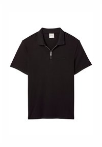 Μαύρο πόλο μπλουζάκι με κοντά μανίκια, γιακά και μπροστινό φερμουάρ, απλωμένο επίπεδα πάνω σε λευκό φόντο.