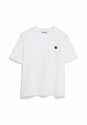 White cotton t-shirt with short sleeves, featuring a small blue circular smiley face logo on the left chest area. Classic crew neck design.