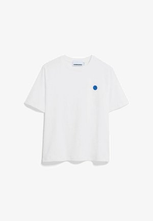 White cotton t-shirt with short sleeves, featuring a small blue circular smiley face logo on the left chest area. Classic crew neck design.