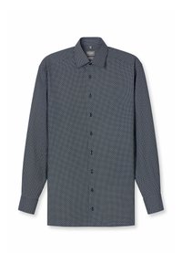 Marineblaues Langarmhemd mit dezentem geometrischem Muster, ausgestattet mit klassischem Kragen, durchgehender Knopfleiste und einstellbaren Manschetten mit einem Knopf.