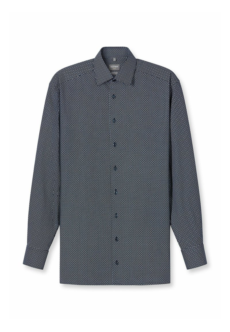 Marineblaues Langarmhemd mit dezentem geometrischem Muster, ausgestattet mit klassischem Kragen, durchgehender Knopfleiste und einstellbaren Manschetten mit einem Knopf.