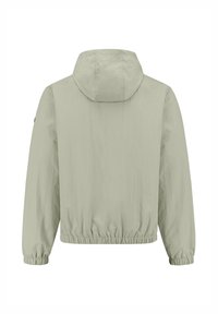 Lichtgroene jacket met een capuchon, elastische manchetten en zoom. Gladde textuur, lichtgewicht stof en minimalistisch design. Achteraanzicht weergegeven.