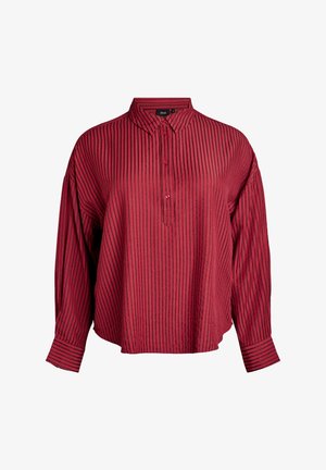 Red striped blouse with a collar, button-down front, and long sleeves. Soft fabric with a relaxed fit and subtle texture.