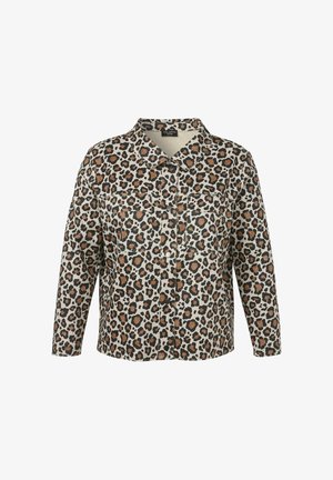 Leopardenmusterhemd in Beige mit schwarzen und braunen Flecken, mit einer Knopfleiste, langen Ärmeln und zwei Brusttaschen.