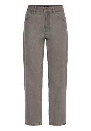Pantaloni in denim grigio con design a gamba dritta, dotati di chiusura a bottone, passanti per cintura e due tasche anteriori. Texture liscia su tutta la superficie.