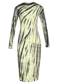 Šaty s dlouhým rukávem ve světle žluté barvě s černým tie-dye vzorem, přiléhavý střih, kulatý výstřih a hladká textura látky.