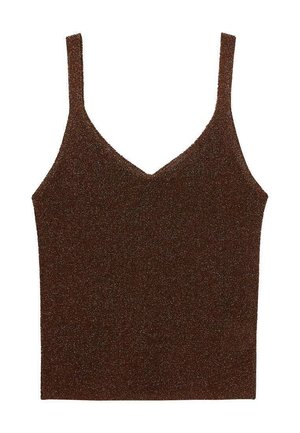 Brown shimmering camisole with thin straps and a V-neckline, featuring a smooth texture and fitted design. No embellishments or patterns.