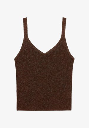 Rjava svetleča kamizola z tankimi naramnicami in V-izrezom, ki se ponaša z gladko teksturo in prilegnjenim dizajnom. Brez okraskov ali vzorcev.