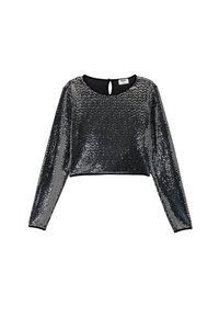 Schwarzes Pailletten-Crop-Top mit langen Ärmeln, gerundetem Ausschnitt und einem Schlüsselloch-Detail am Rücken. Glatte Textur, glänzende Oberfläche.