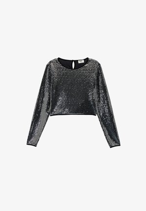 Zwarte sequined crop top met lange mouwen, ronde halslijn en een keyhole-detail aan de achterkant. Soepele textuur, glanzende afwerking.