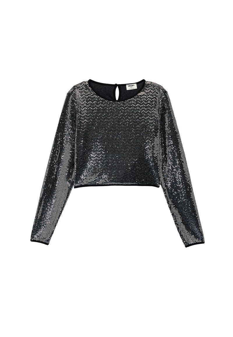 Schwarzes Pailletten-Crop-Top mit langen Ärmeln, gerundetem Ausschnitt und einem Schlüsselloch-Detail am Rücken. Glatte Textur, glänzende Oberfläche.