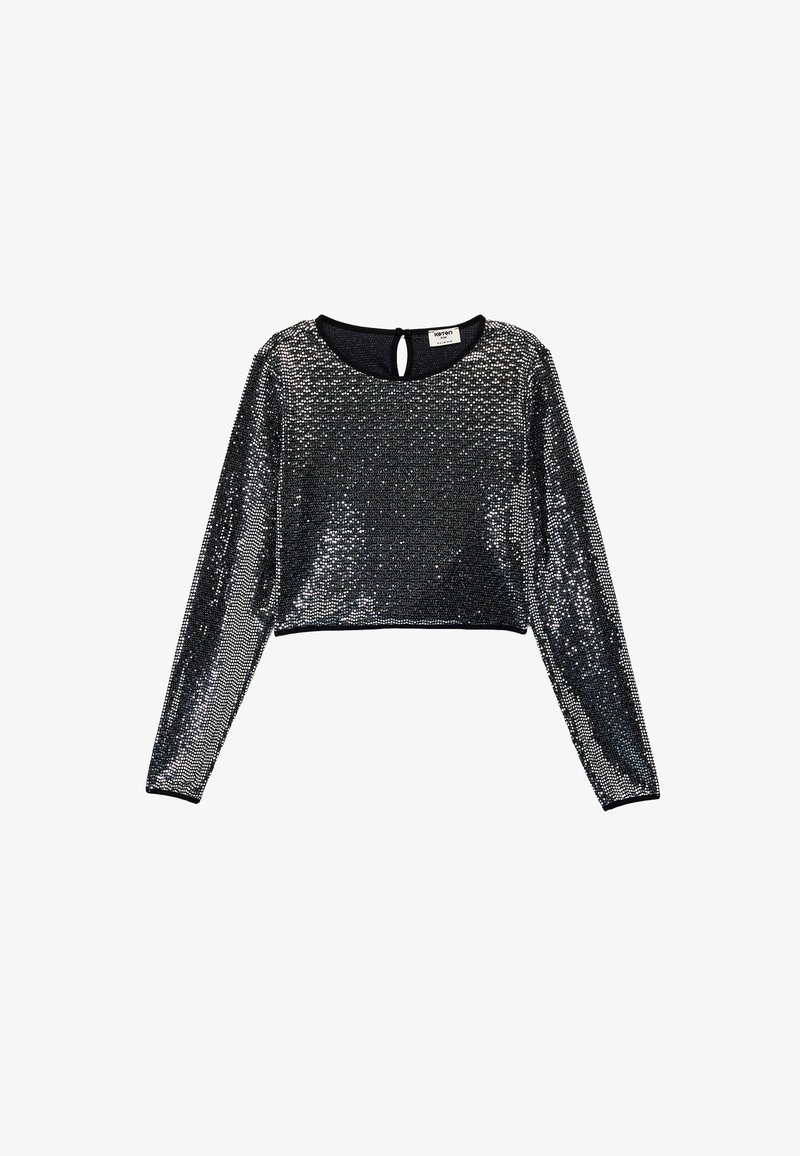 Schwarzes Pailletten-Crop-Top mit langen Ärmeln, gerundetem Ausschnitt und einem Schlüsselloch-Detail am Rücken. Glatte Textur, glänzende Oberfläche.