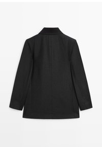 Black, tailored coat with a collar, long sleeves, and a smooth texture; features a simple, straight-back design without embellishments.