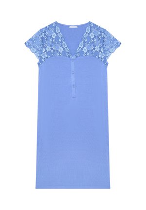 Blue short-sleeve nightdress with lace floral yoke, V-neck, and three front buttons, displayed flat on a white background.