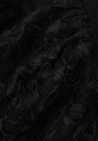 Fekete szövet, amely texturált, rétegezett rózsaapplikációkkal díszített. A sima részek kontrasztot alkotnak az áttetsző hálóval, bonyolult mintákat és mélységet teremtve.