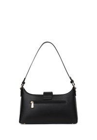 Borsa a mano in pelle nera con design strutturato, tracolla regolabile, chiusura a scatto frontale e tasca con zip sul retro.