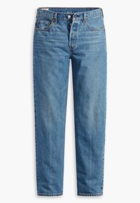 Jean en denim bleu classique pour homme avec cinq poches, braguette à boutons et coupe droite.