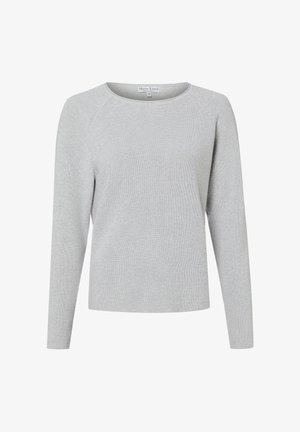 Pull en maille gris clair à manches longues, col ras du cou et texture côtelée, étiquette Marie Lund Copenhagen, taille petite.