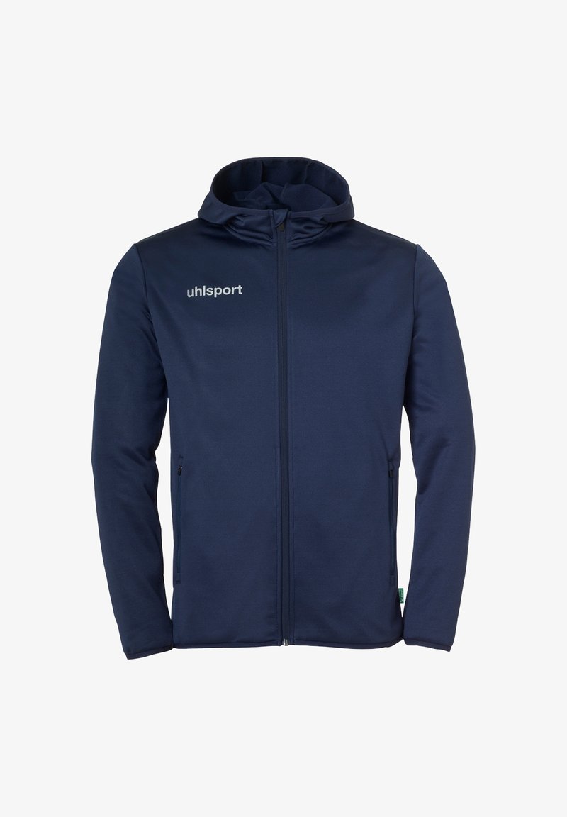 Marineblaue Kapuzenjacke aus weichem Stoff mit durchgehendem Reißverschluss, seitlichen Taschen und einem Logo auf der linken Brust. Glatte Textur und taillierte Passform.