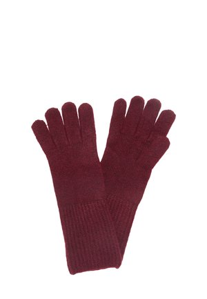 Burgunderfarbene gestrickte Handschuhe mit einzelnen Fingerfächern, ausgestattet mit einem gerippten Bündchen und einer weichen, strukturierten Oberfläche.