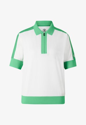 Short-sleeve white polo with green collar, sleeve cuffs, bottom hem, and shoulder stripes, featuring a front zipper and small logo on sleeve.