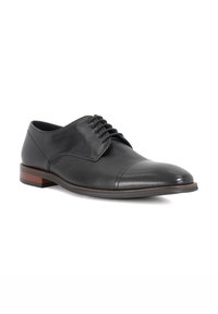 Black leather dress shoe with a smooth finish and textured vamp. Features a rounded toe and lacing. Wooden heel with a dark accent.