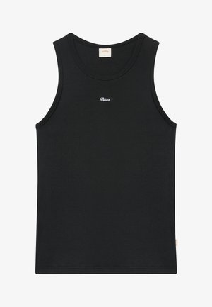 Czarny prążkowany top na ramiączkach z małym białym logo "Bkvis" umieszczonym centralnie poniżej dekoltu oraz beżową metką marki wewnątrz kołnierzyka.