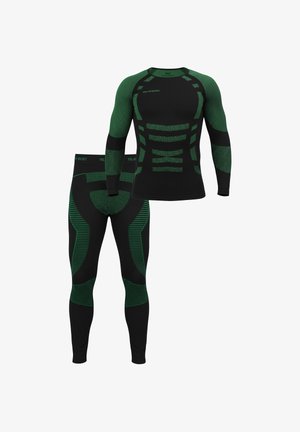 Schwarz-grünes Sportset mit langärmeligem Oberteil und Leggings, mit strukturierten Mustern und figurbetontem Design für verbesserte Bewegungsfreiheit.