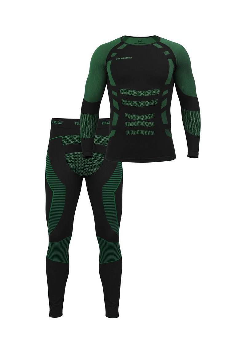 Black and green athletic set featuring long-sleeve top and leggings, with textured patterns and fitted design for enhanced movement.