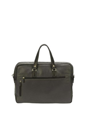 Mallette en cuir marron foncé avec deux poignées, poches à fermeture éclair à l'avant et forme rectangulaire.