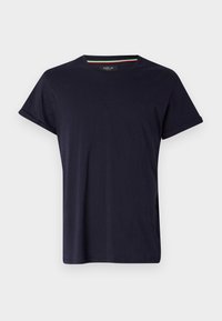 Navy blue short-sleeve t-shirt made of cotton, featuring a crew neck and a small logo on the chest. Smooth texture with rolled sleeves.