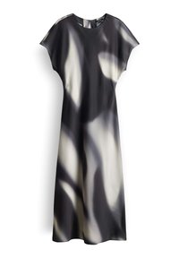 Schwarz-weiße abstrakte gemusterte kurzärmlige Midikleid mit Rundhalskragen und einem Rückenreißverschluss.