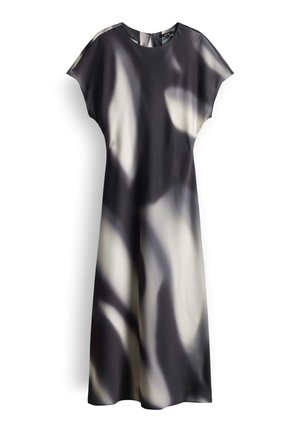 Zwart-witte abstracte patroon midi-jurk met korte mouwen, ronde halslijn en een ritssluiting aan de achterkant.