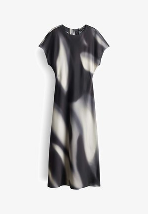 Zwart-witte abstracte patroon midi-jurk met korte mouwen, ronde halslijn en een ritssluiting aan de achterkant.