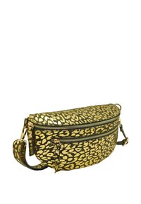 Sac en bandoulière à imprimé léopard avec accents dorés, doté de doubles zips et d'une surface lisse. Sa forme est arrondie, avec une bandoulière amovible.