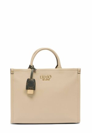 Borsa a mano in pelle beige con forma strutturata, manici superiori, logo dorato "LIU JO MILANO" e un'etichetta in accentuazione scura con hardware dorato.