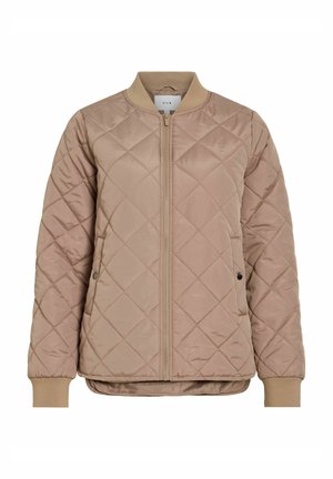 Veste beige matelassée avec une fermeture éclair frontale, des poignets côtelés et des poches latérales. Présente un design classique de bomber et une texture lisse.