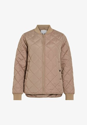 Quilted beige jacket with a front zipper, ribbed cuffs, and side pockets. Features a classic bomber design and smooth texture.