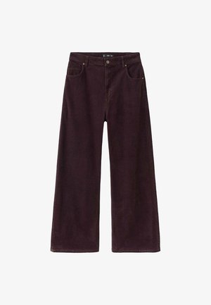 Burgundy wide-leg corduroy pants with a high waist, five pockets, and visible stitching details. Soft texture with a slightly structured design.