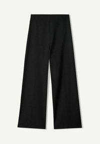 Široke hlače u crnoj boji, izrađene od glatkog, teksturiranog materijala. Imaju dva prednja nabora i krojeni pojas. Nema vidljivih metalnih dijelova.